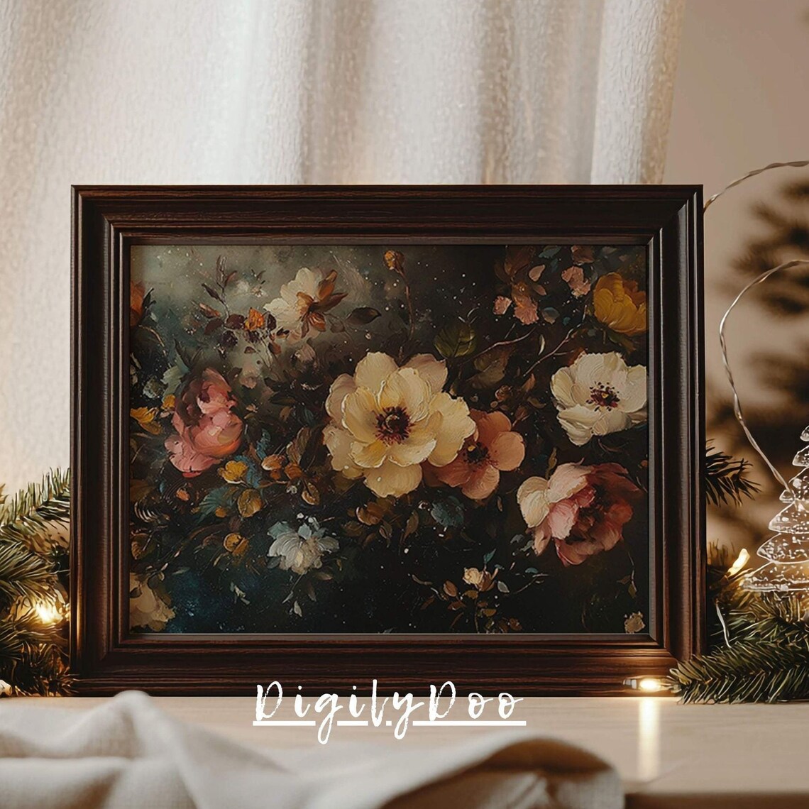 Vintage Floral Oil Painting Pink Yellow Roses Dark Moody Art Poster