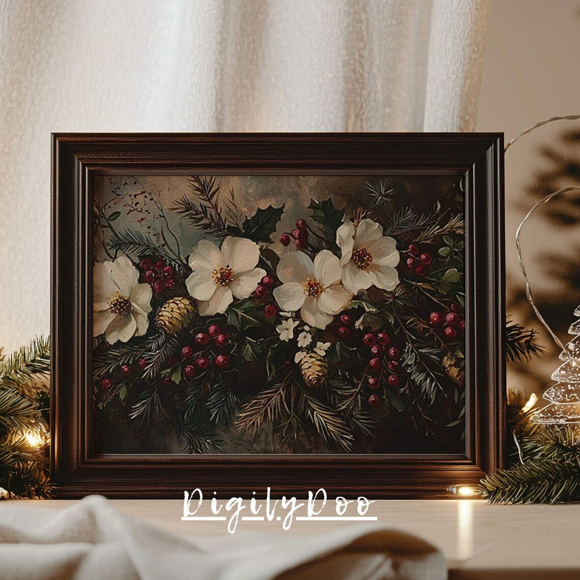 White Winter Flowers Red Berries Christmas Botanical Painting Poster