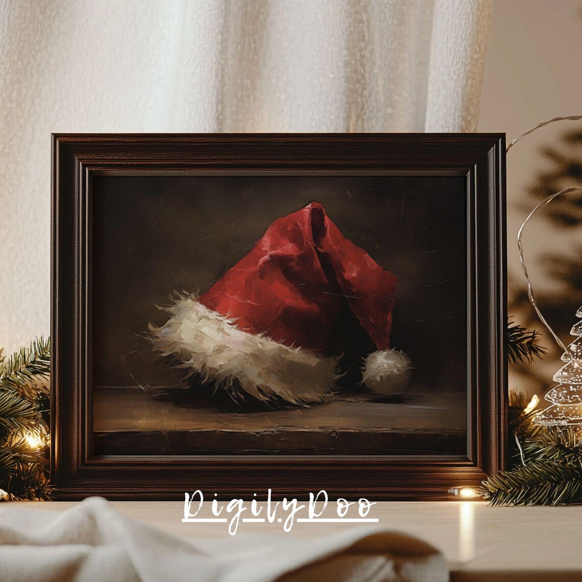 Santa Hat Still Life, Rustic Christmas Art Print