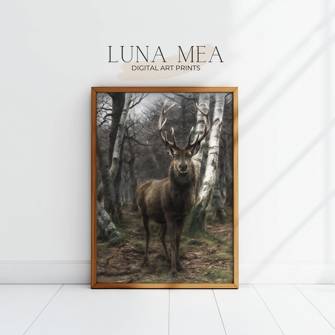 Vintage Deer Stag Portrait Birch Forest Rustic Woodland Animal Wall Art - Image 2