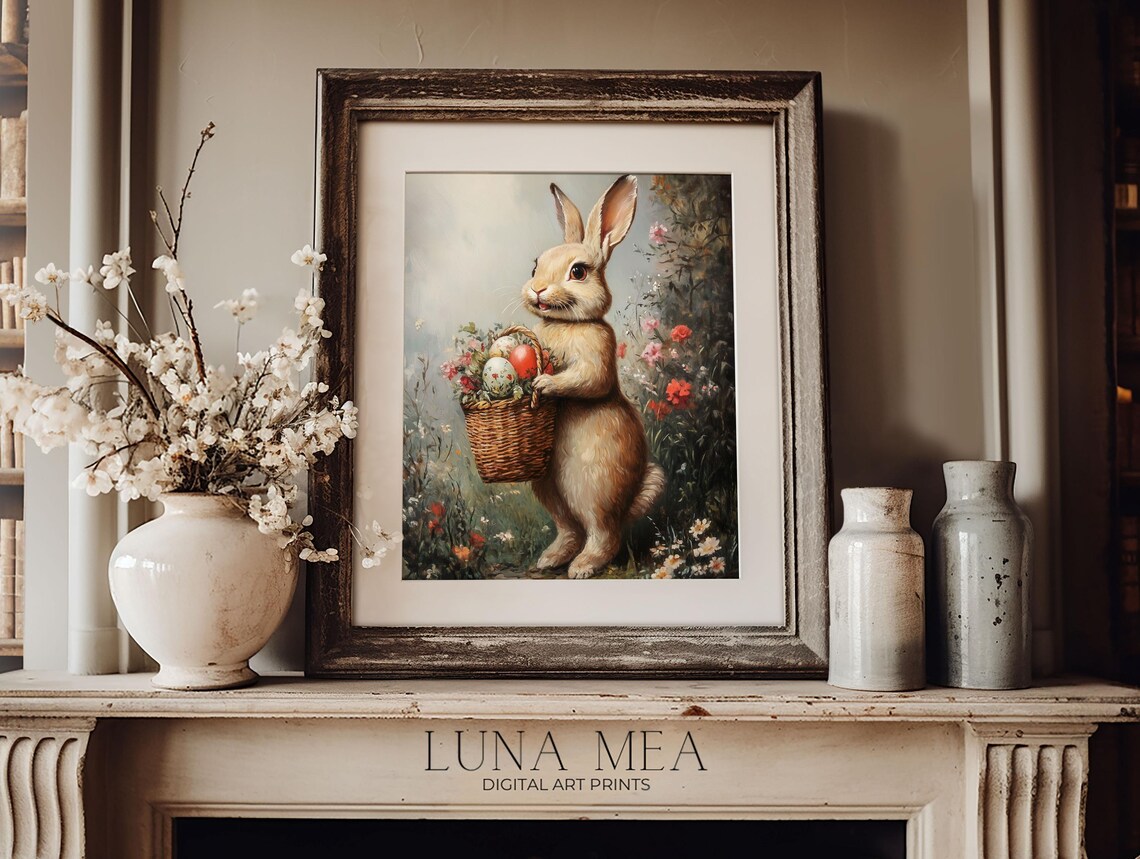 Easter Bunny With Basket Of Eggs Vintage Spring Flower Meadow Rabbit Poster - Image 2