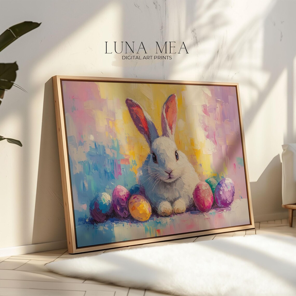 Modern Impressionist White Rabbit With Colorful Easter Eggs Artwork Poster - Image 2