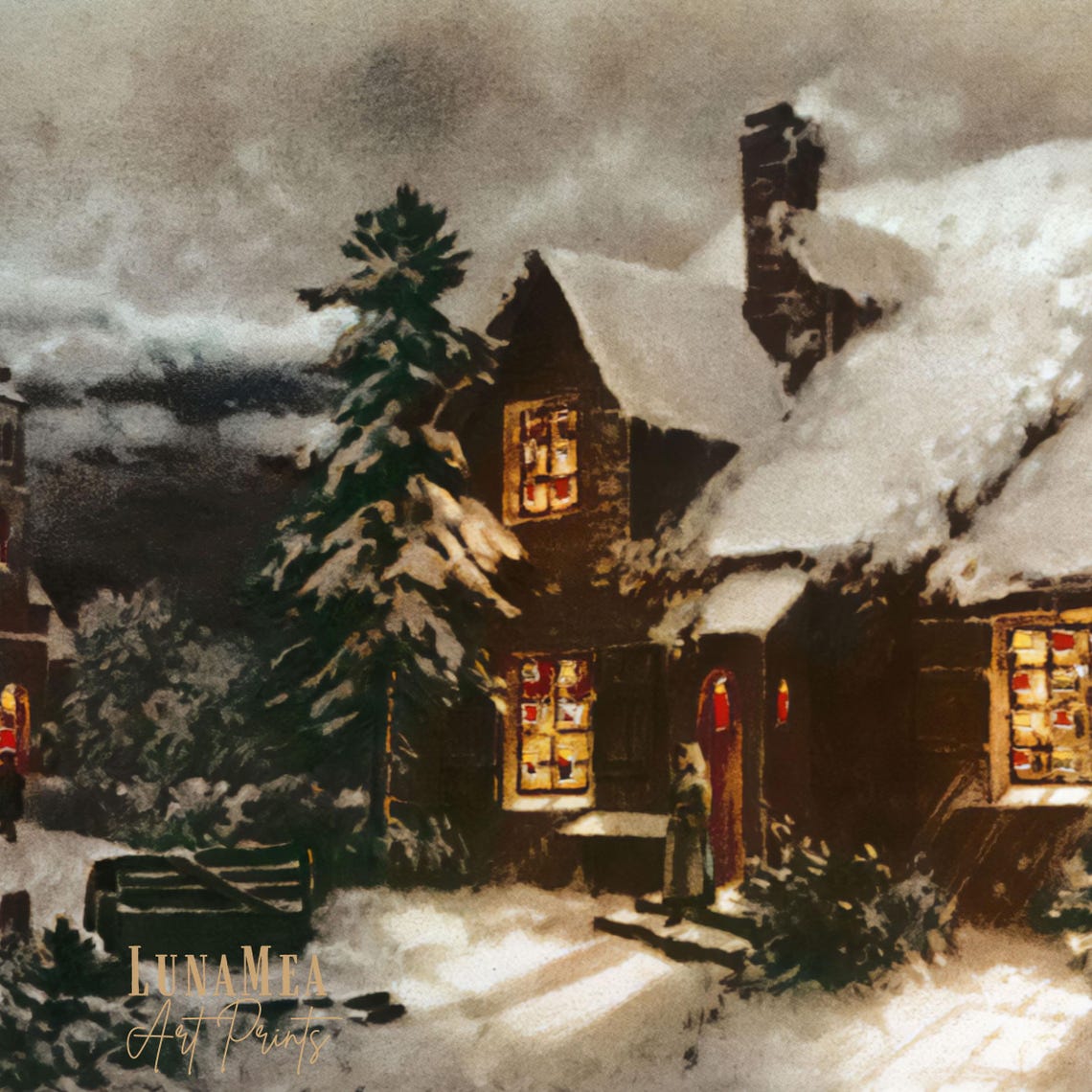 Vintage Christmas Oil Painting Winter Landscape Church Cottagecore Wall Art Print Moody Nostalgic Farmhouse Decor Cozy Country Holiday - Image 3