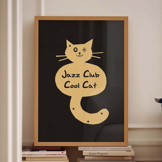 Jazz Club Cool Cat Funny Yellow Cat Poster on Black Background