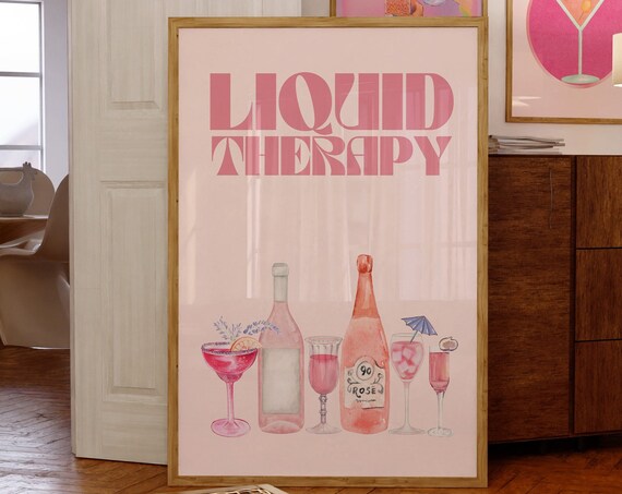 Liquid Therapy Printretro Champagne Cocktail Postergirly Bar Cart Artpreppy Pink Posterswine Bottle Cute Girly Poster Champagne Wall Art