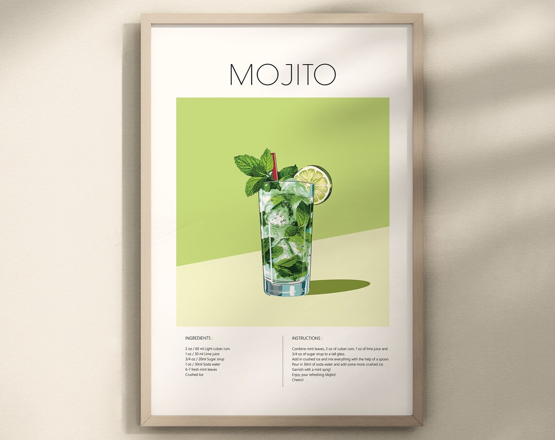 Mojito Cocktail Print, Cuban Drink Poster Decor