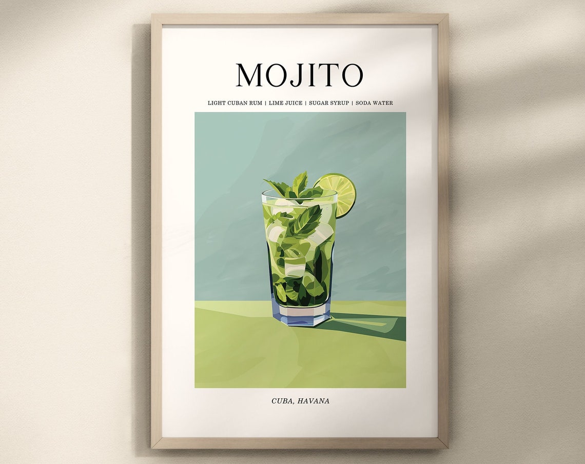Mojito Cuban Cocktail Recipe Modern Bar Cart Home Decor Poster