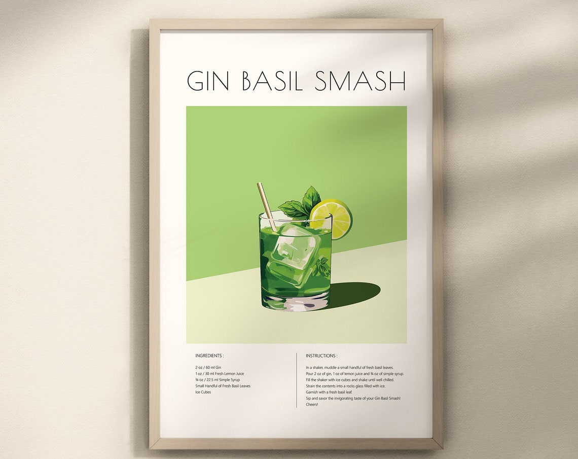 Gin Basil Smash Recipe Cocktail Guide Modern Kitchen Decor Print