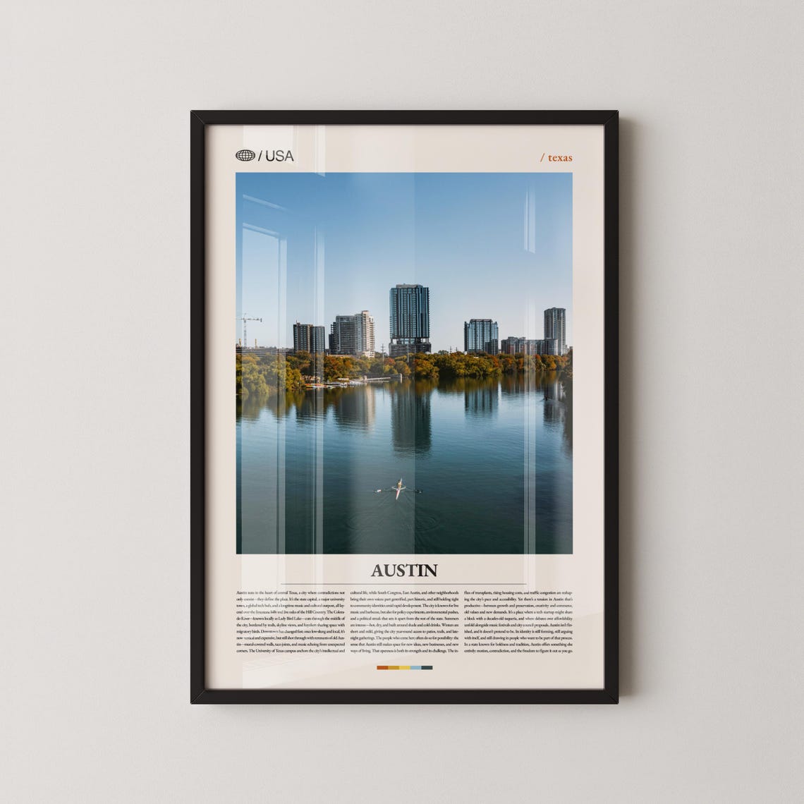 Austin Texas Skyline Lake Water Reflection Kayaker Travel Poster