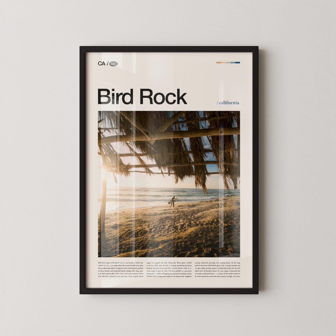 Bird Rock California Surfer Beach Palm Thatch Golden Hour Photo Poster
