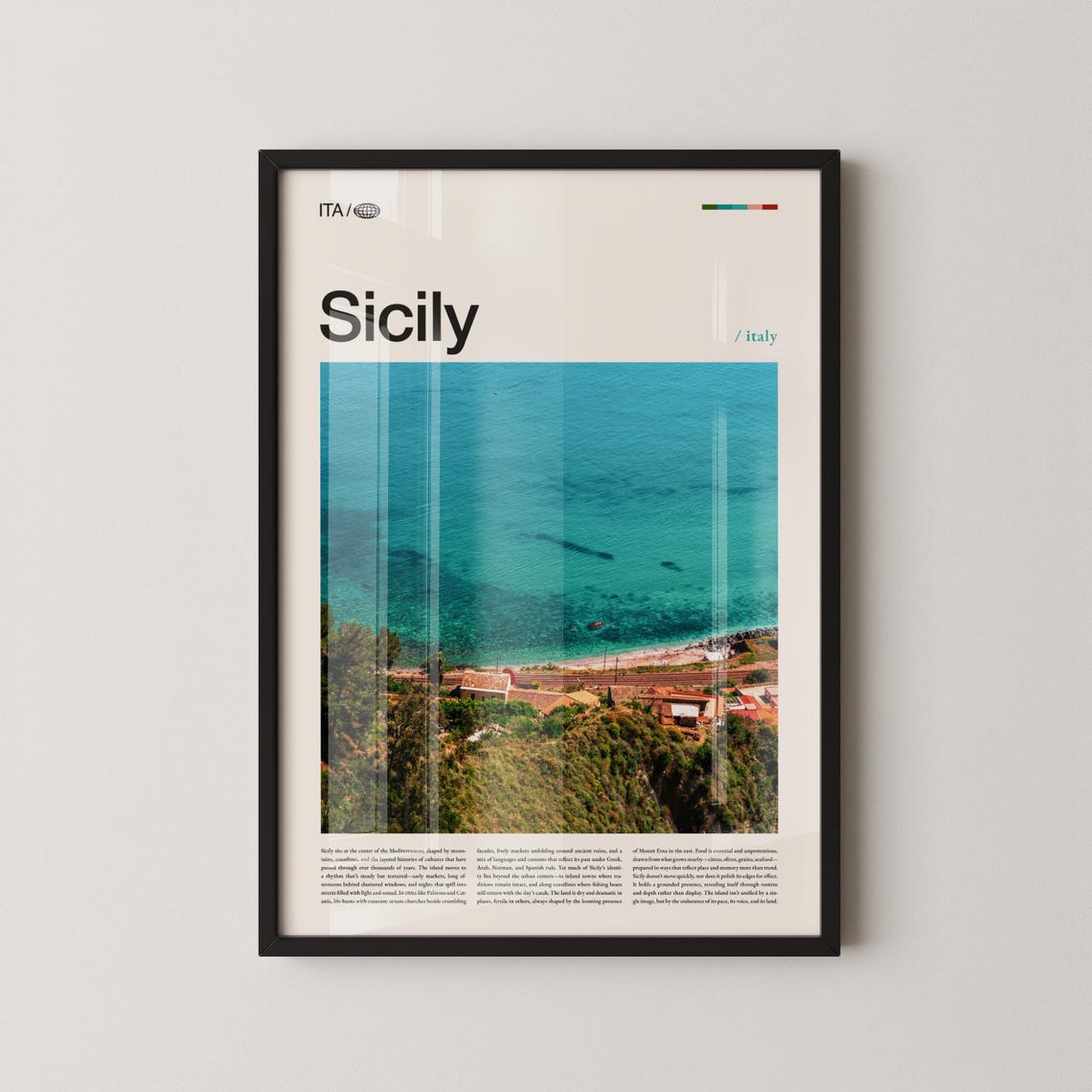 Sicily Turquoise Aerial Coastline Classic Italian Travel Poster