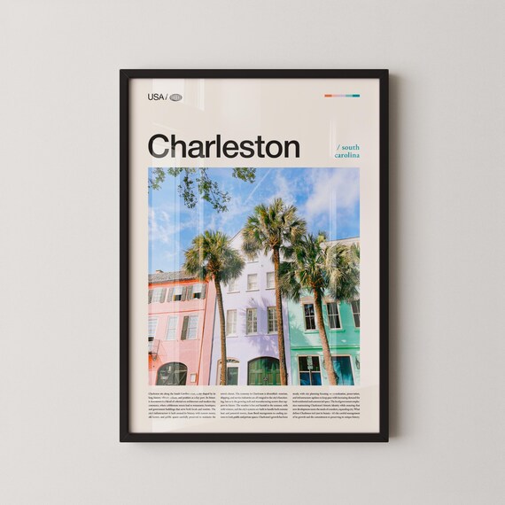 Charleston Modern Bold Title Pastel Row Houses Palm Trees Poster