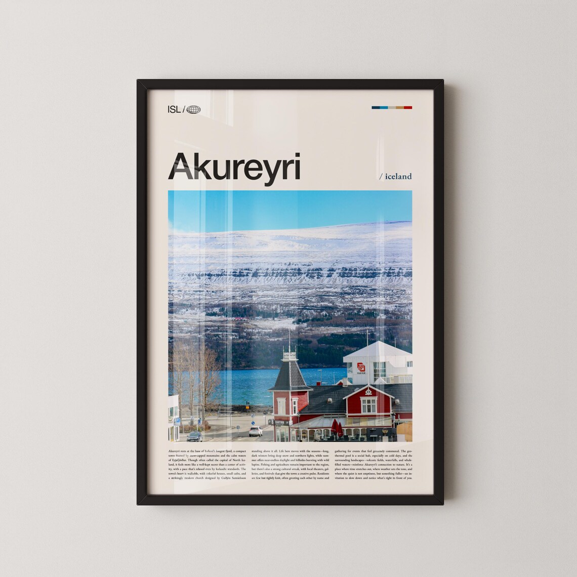 Akureyri Iceland Colorful Harbor Town Beneath Snowy Mountains Poster