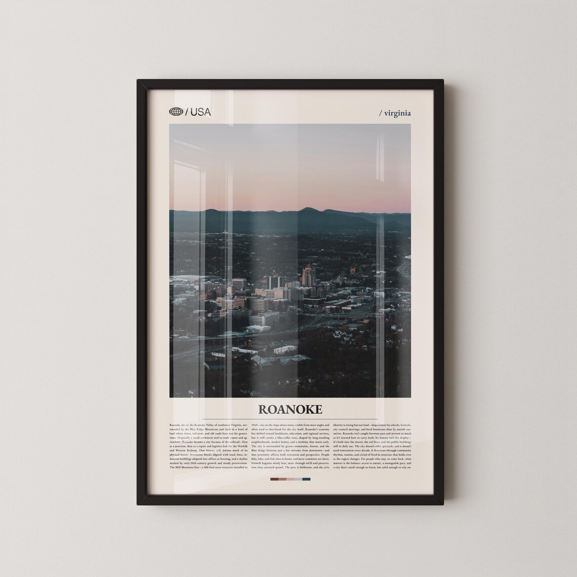 Roanoke Virginia Evening Cityscape Bold Title Travel Photo Poster