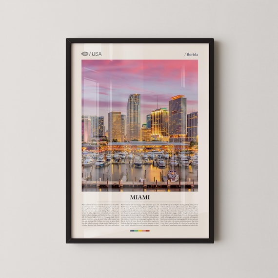Miami Florida Pink Sunset Skyline Harbor Photo Travel Poster