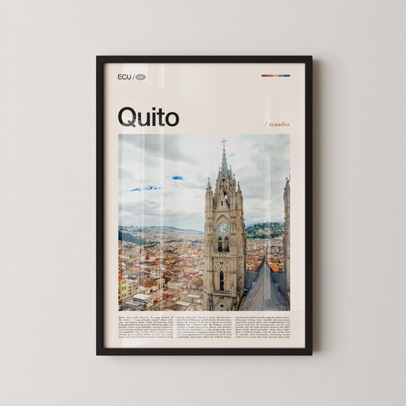 Quito Ecuador Travel Poster of Basilica Clock Tower and Colonial Cityscape