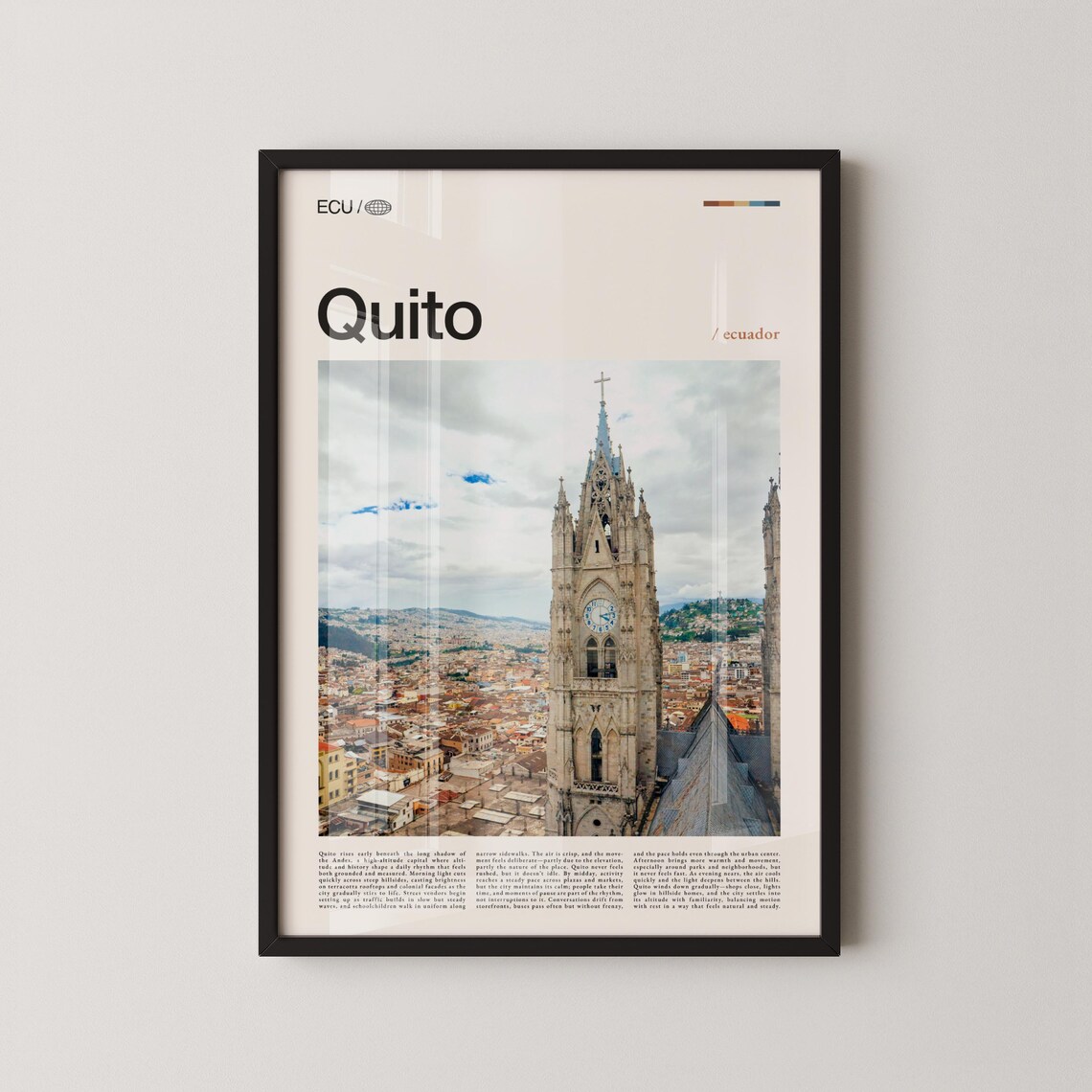 Quito Ecuador Travel Poster of Basilica Clock Tower and Colonial Cityscape