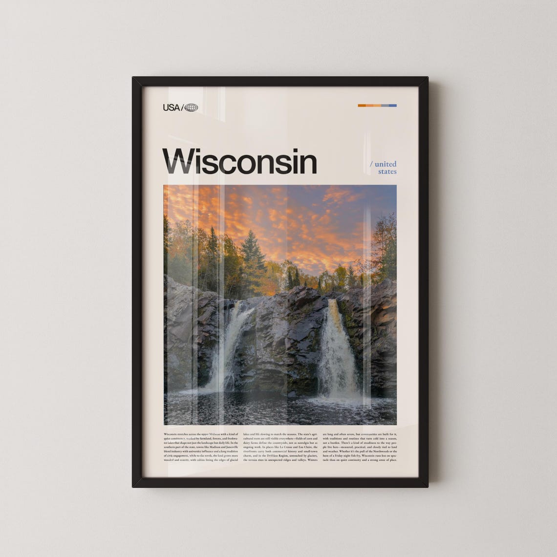 Wisconsin Twin Waterfalls Fiery Sunset Forest Landscape Poster