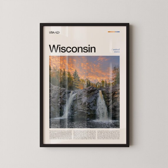 Wisconsin Twin Waterfalls Fiery Sunset Forest Landscape Poster