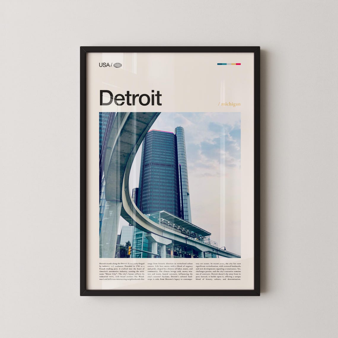 Detroit Michigan Renaissance Center Skyline City Travel Poster