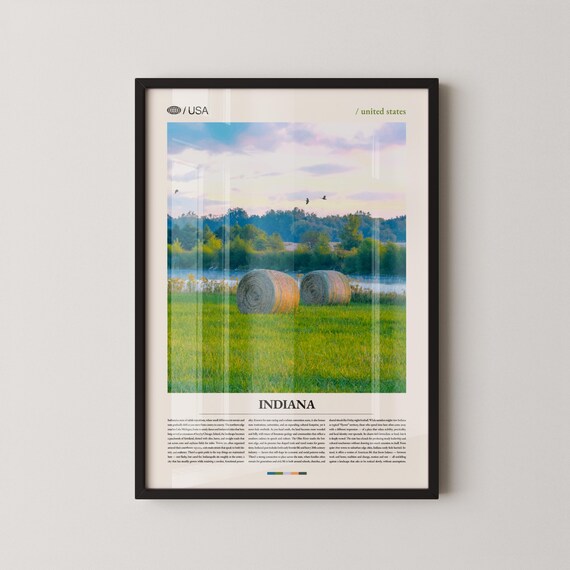 Indiana Hay Bales Misty Green Field Dawn Country Travel Poster