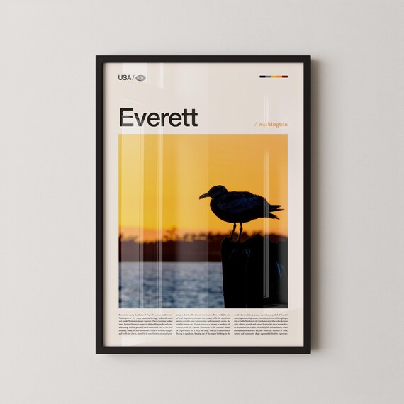 Everett Washington Sunset Seagull Photography Poster Puget Sound Coastal Art