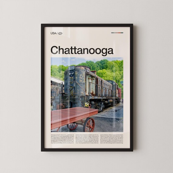 Chattanooga Tennessee Bold Title Vintage Train Engine Photo Poster