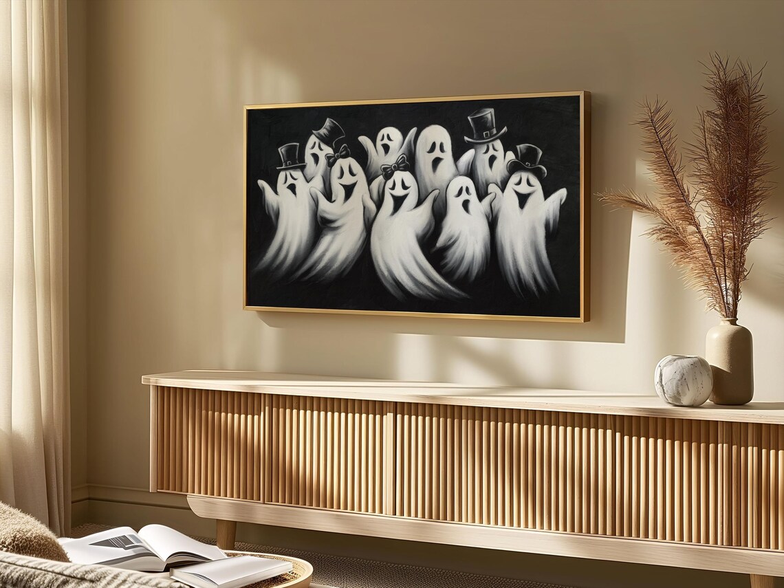 Happy Ghosts Top Hats Bows Black Background Cute Halloween Party Poster - Image 4