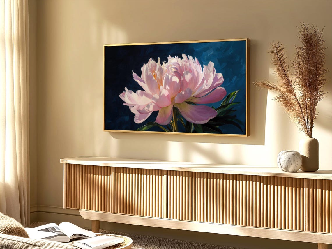 Pink Peony Flower Navy Blue Background Moody Botanical Poster - Image 3