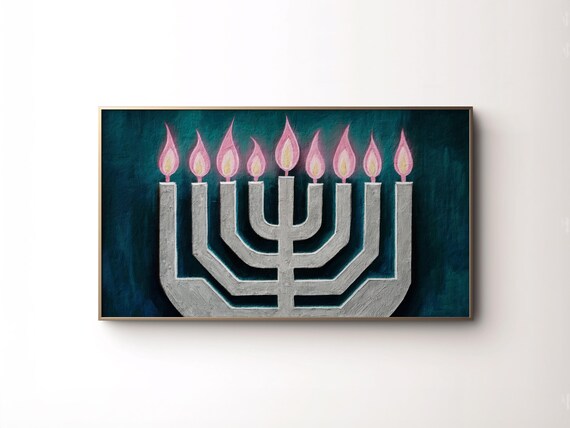 Frame Tv Art Hanukkah Modern Jewish Holiday Decor For Tv Teal Judaica Artwork Menorah Painting Textured Hanukkiyah Art Tv Screen