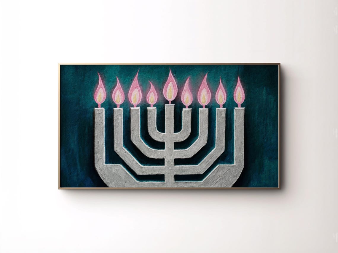 Hanukkah Menorah Nine Lit Candles Teal Background Holiday Poster