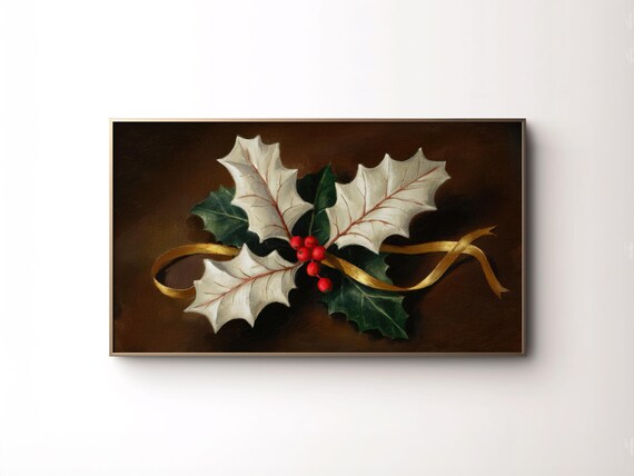 Moody Winter Frame Tv Art Textured Floral Christmas Painting Golden Holiday Decor Vintage Berries Artwork New Years Party Tv