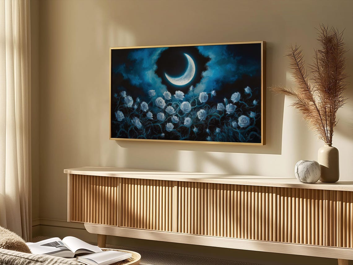 White Roses Crescent Moon Dark Blue Night Gothic Floral Art Poster - Image 4