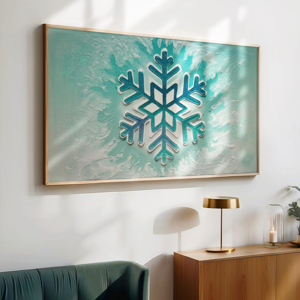 Teal Snowflake Textured Winter Christmas Abstract Painting Wall Art - Image 4
