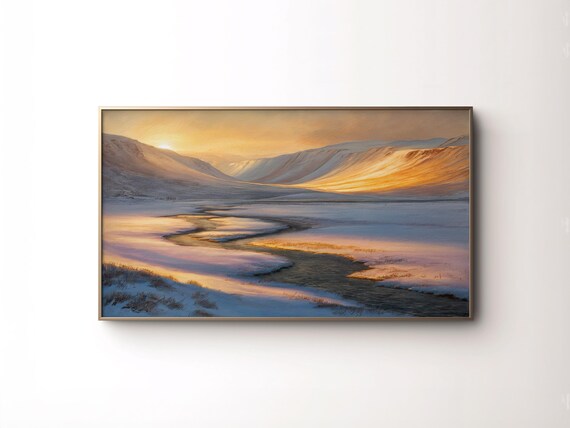 Frame Tv Art Winter Landscape Painting Western Snowy Mountain Seasonal Artwork Rustic Americana Tv Screen Moody Christmas Decor
