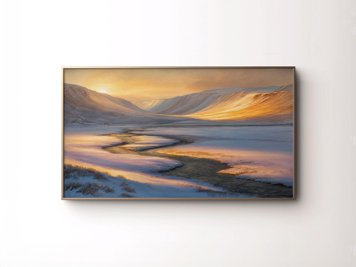 Snowy Mountain Valley Sunrise Golden Light Winding Stream Poster