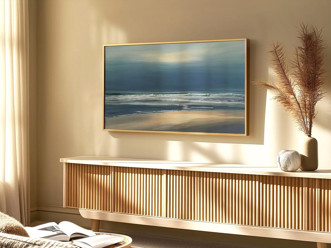 Moody Minimalist Stormy Beach Waves Muted Ocean Landscape Art Poster - Image 2