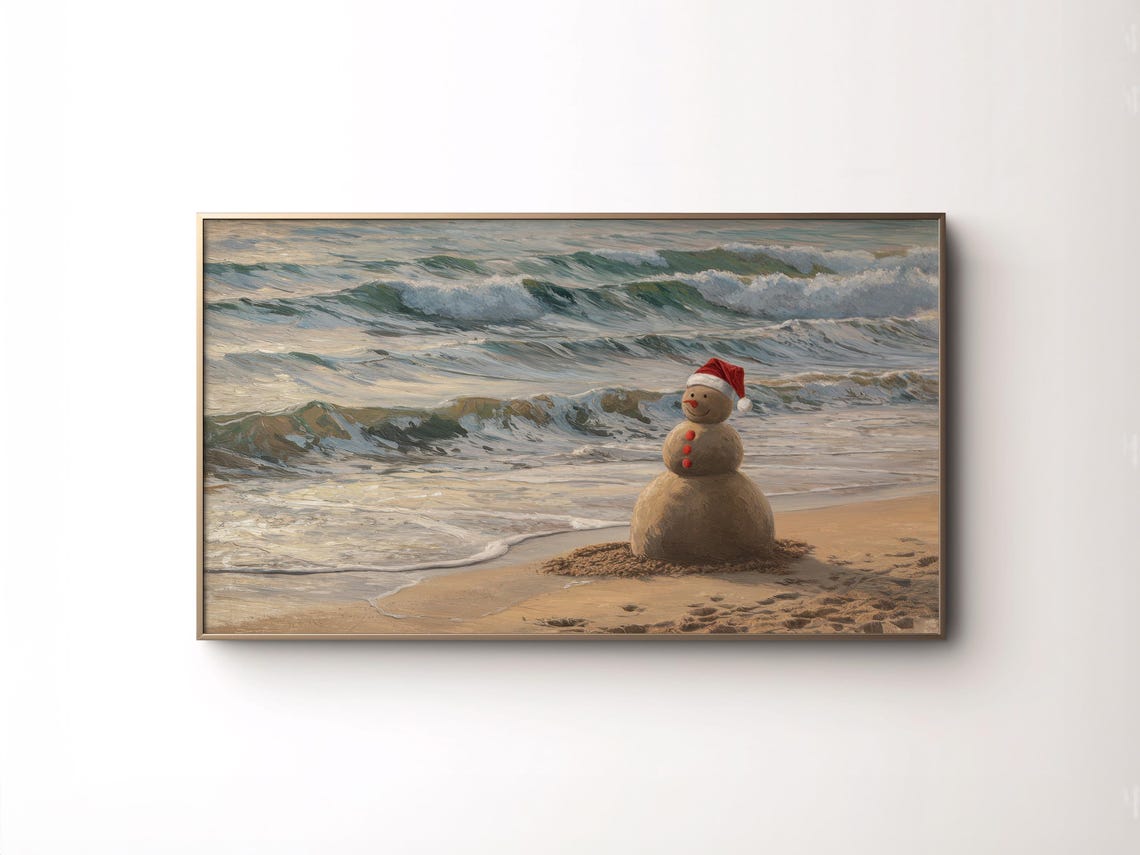 Sand Snowman Santa Hat Beach Waves Coastal Christmas Painting Poster - Image 2