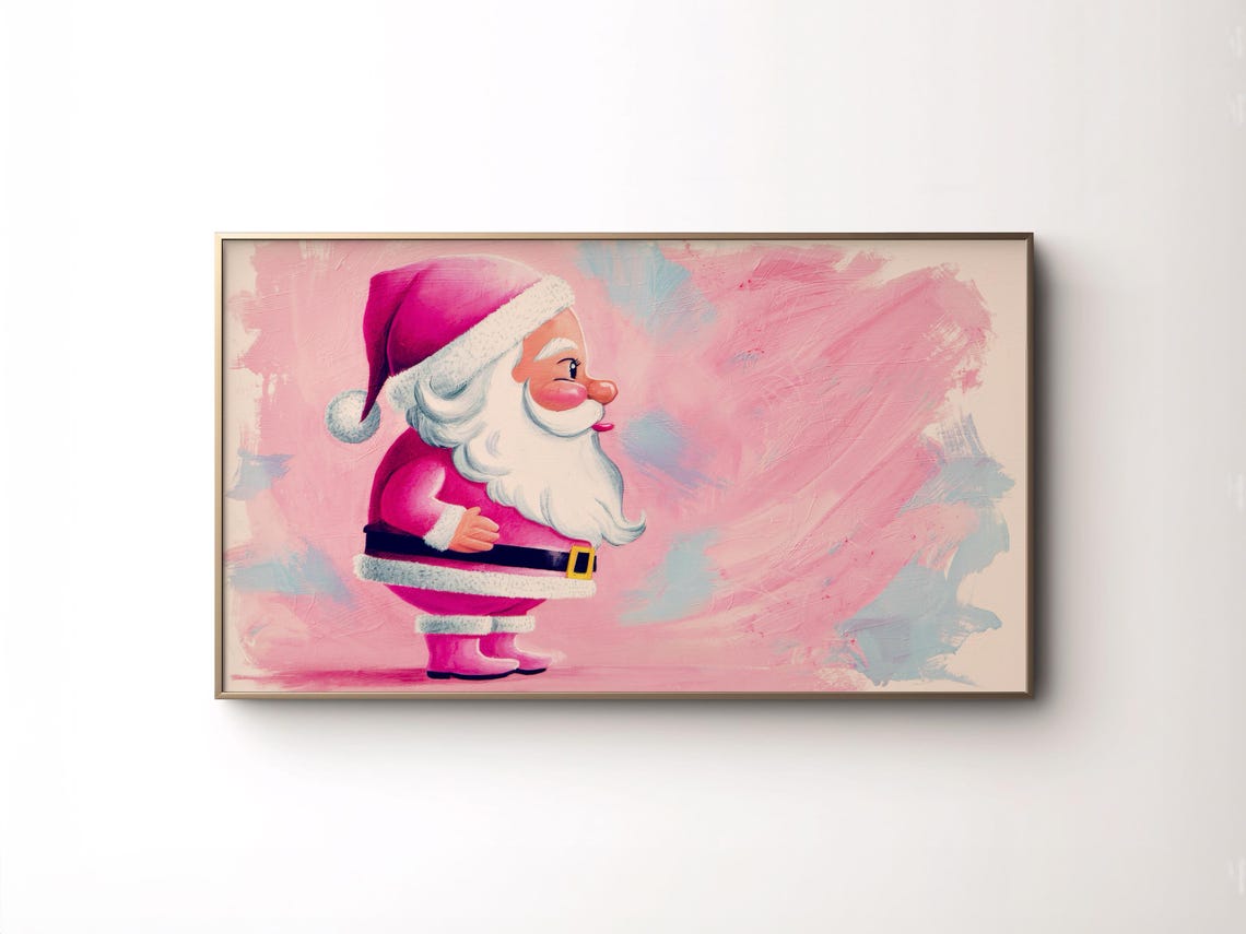 Whimsical Pink Santa Claus Retro Profile Christmas Art Poster