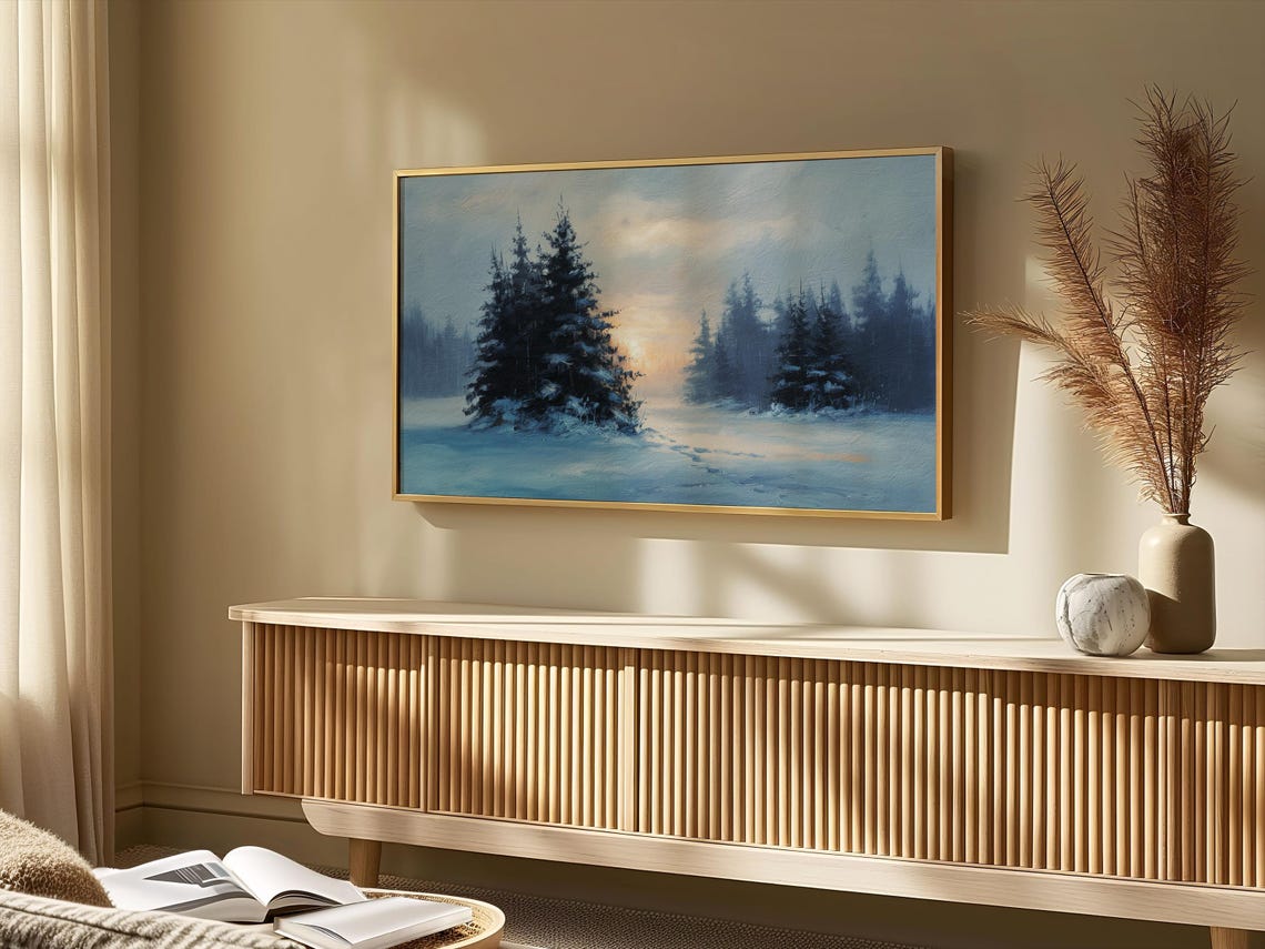 Snowy Pine Forest Twilight Blue Tones Minimalist Winter Poster - Image 4