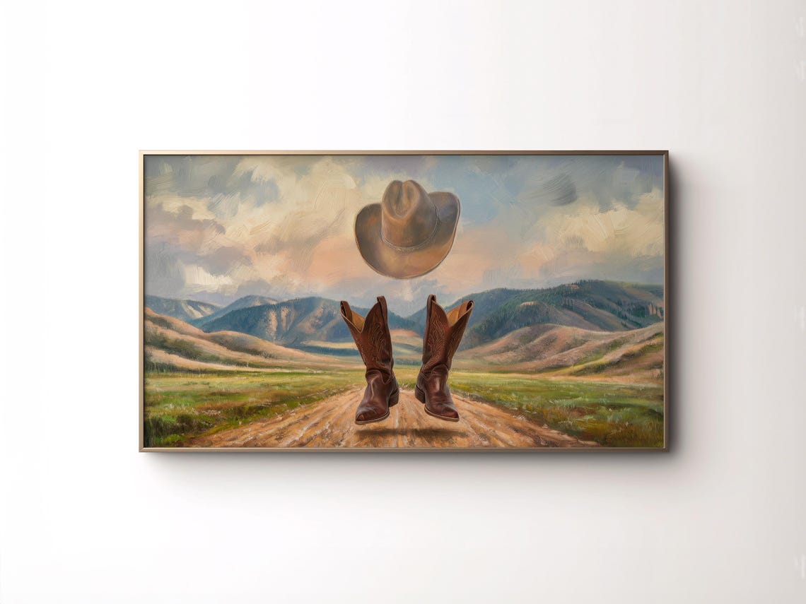 Floating Cowboy Boots Hat Western Mountain Road Sunset Painting Poster
