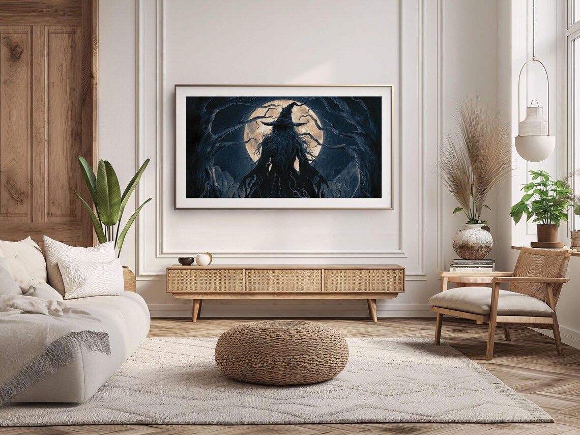 Witch Silhouette Full Moon Twisted Trees Dark Muted Halloween Art Poster - Image 2