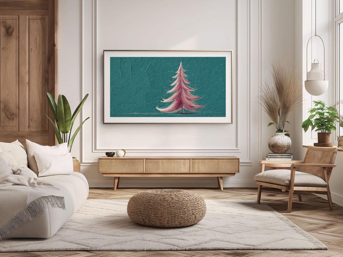 Pink Christmas Tree Teal Textured Background Modern Holiday Art Poster - Image 2