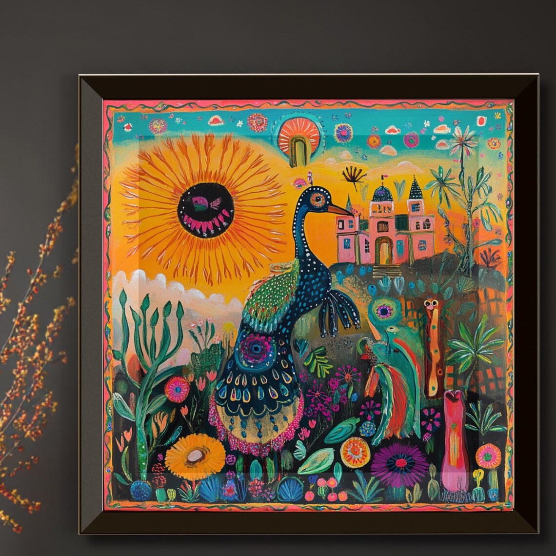 Colorful Folk Art Peacock Sun Village Garden Naive Painting Poster