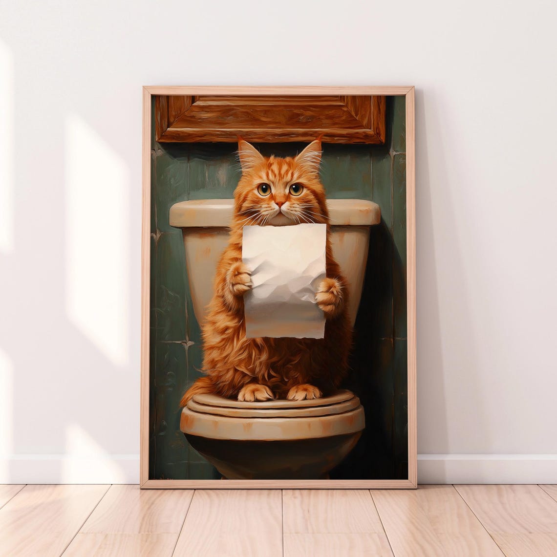 Fluffy Ginger Cat Sitting on Toilet Oil Painting Bathroom Humor Poster