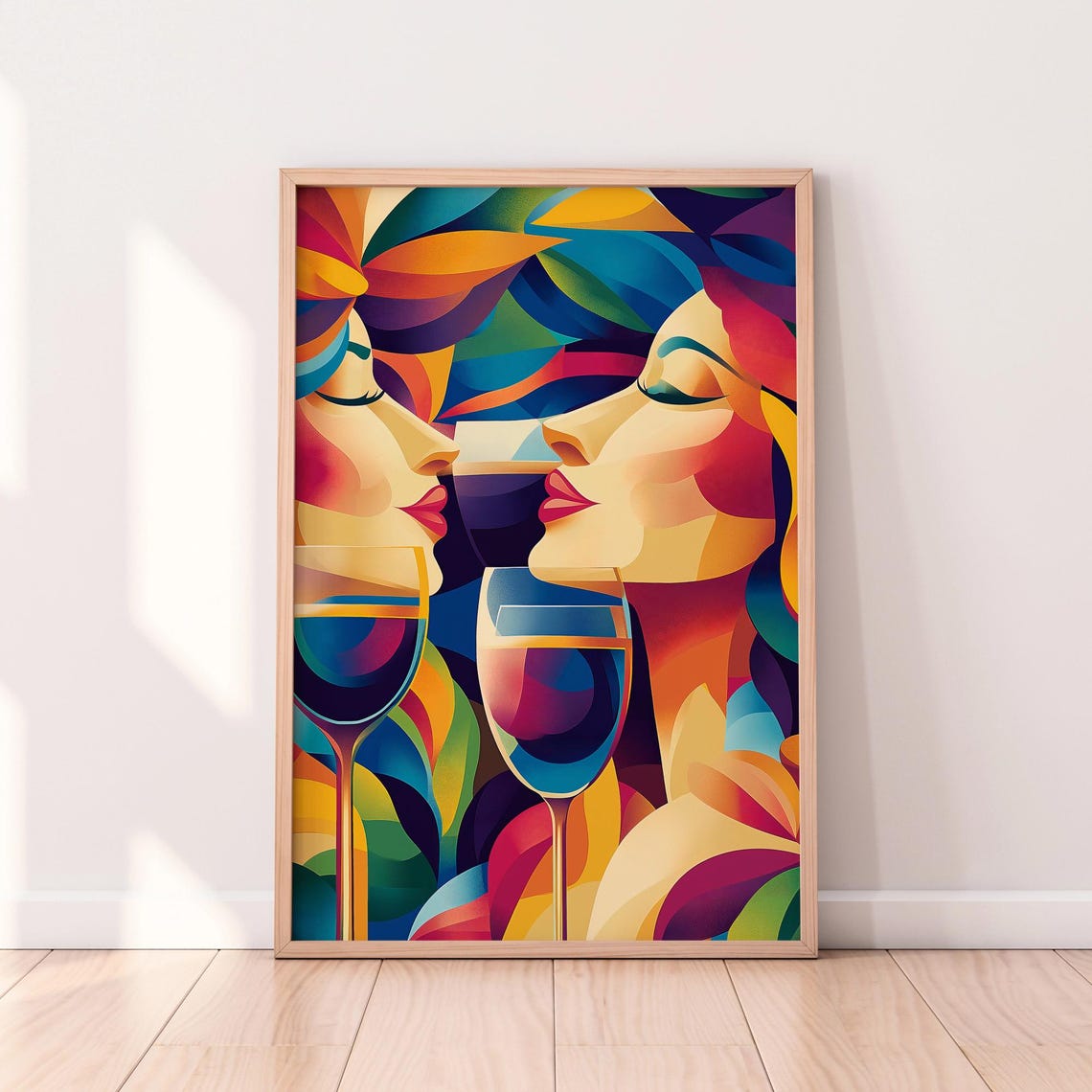 Cubist Women With Wine Glasses Colorful Abstract Party Art Print