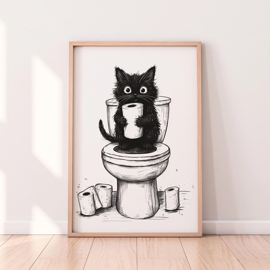 Funny Cat Bathroom Sketch, Minimalist Humorous Art Print