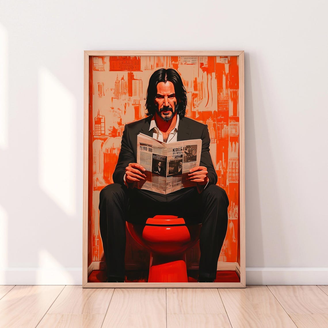 Funny Bathroom Wall Art Cool Man On Toilet With Newspaper Quirky Restroom Print Red And Black Urban Decor