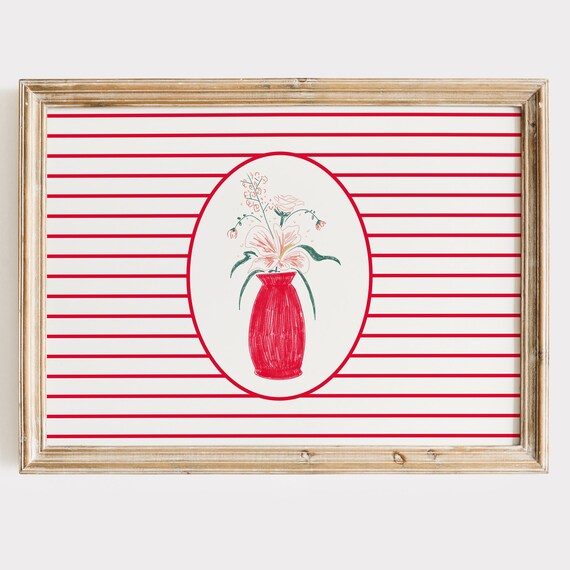 Botanical Print Red Vase Striped Preppy Decor