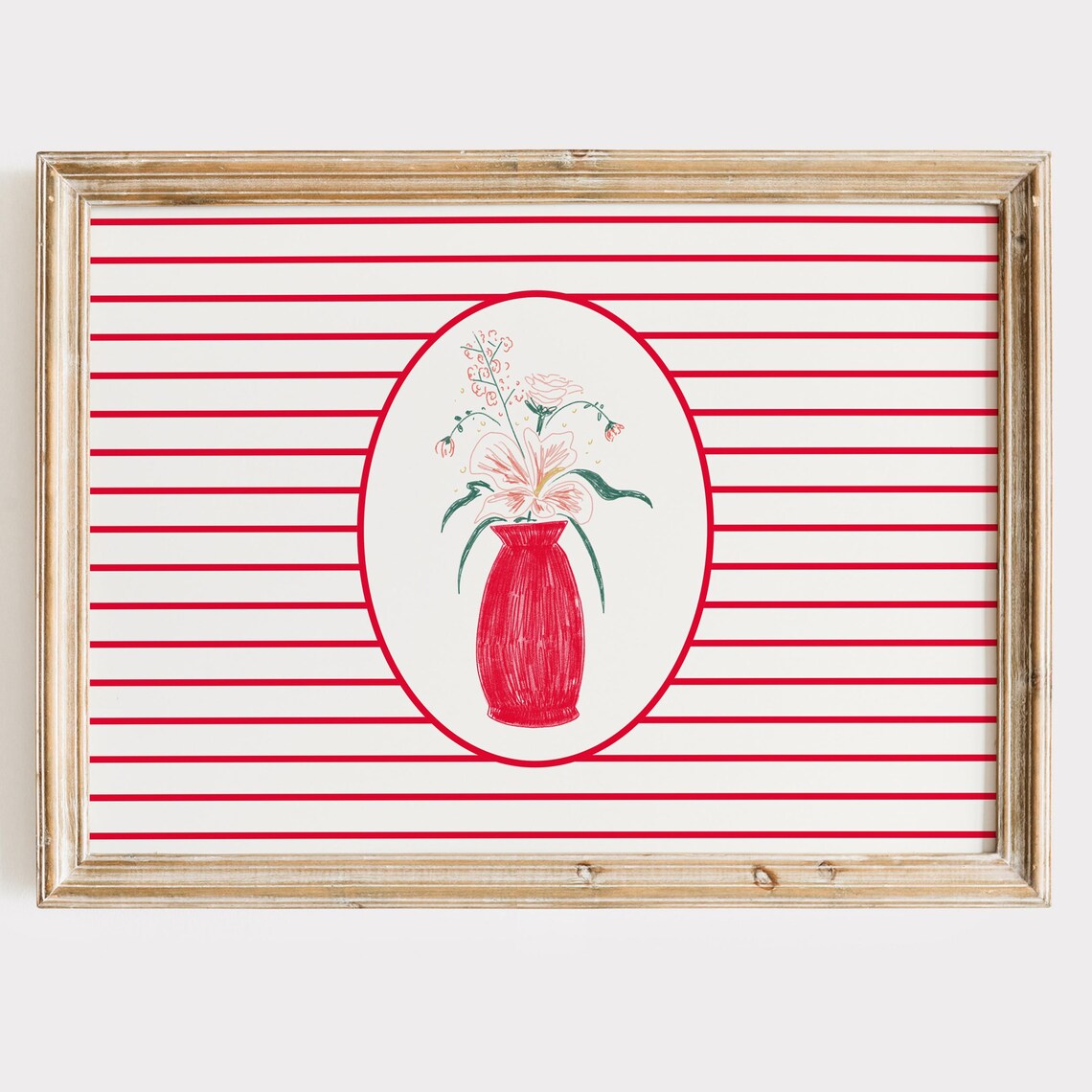 Botanical Print Red Vase Striped Preppy Decor